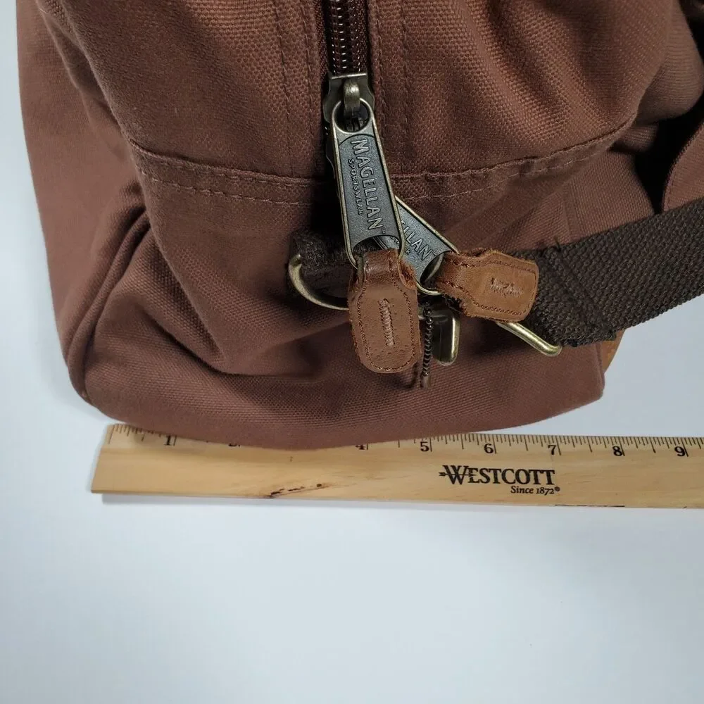 Vtg Magellan Vintage Duffle Bag Large Brown Rust Red Canvas Leather Trim Rugged - Picture 10 of 15